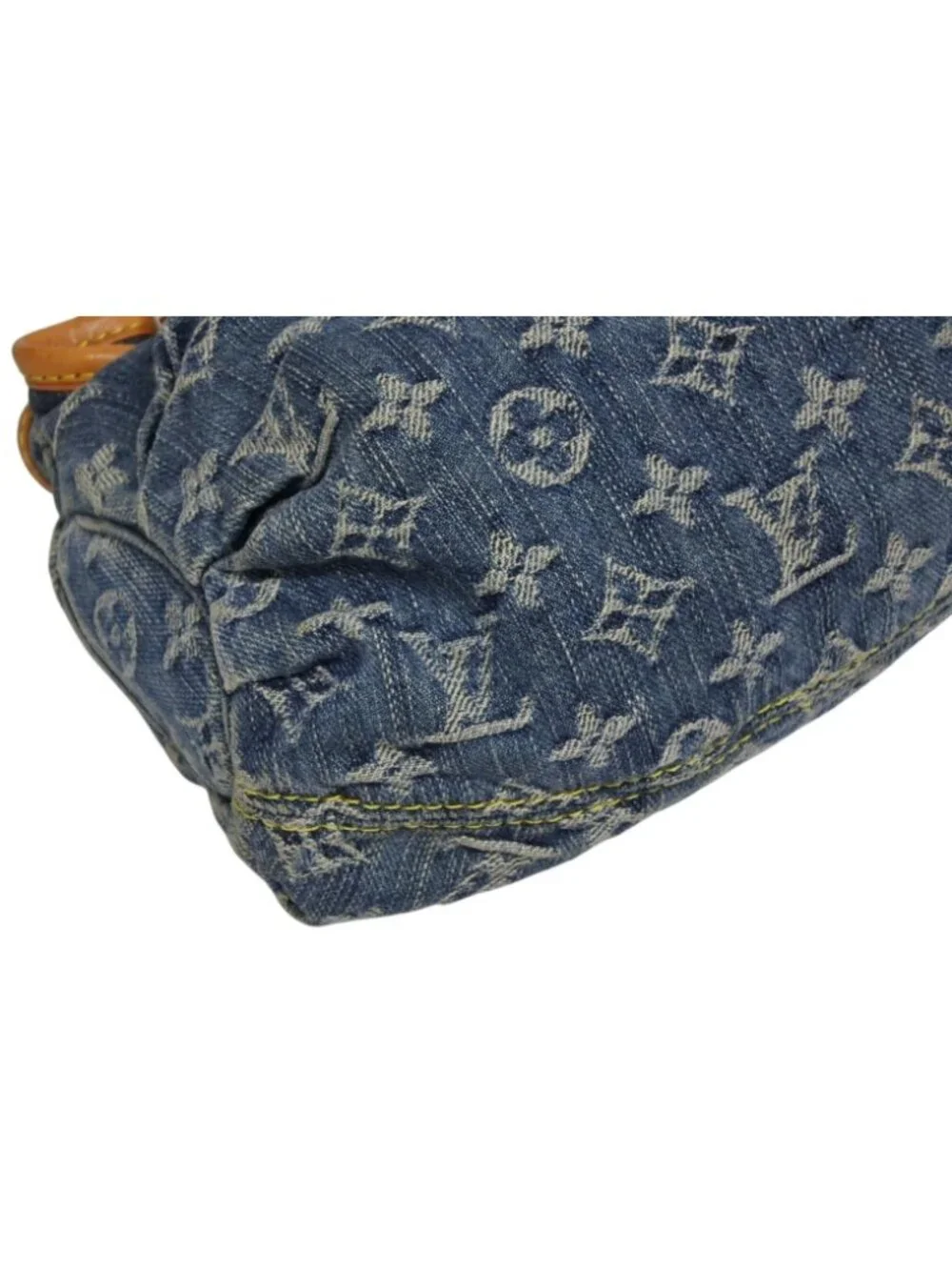 Louis Vuitton Pleaty Handbag Monogram Denim Leather Blue Gold